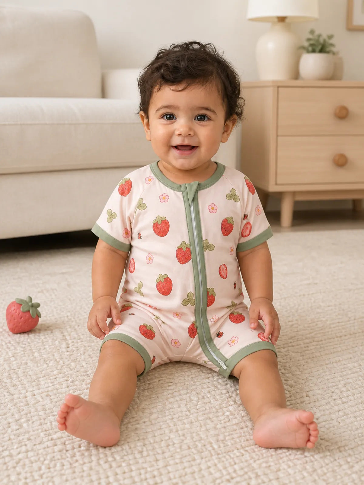 Baby playing at home in the Strawberry Fields shorty romper