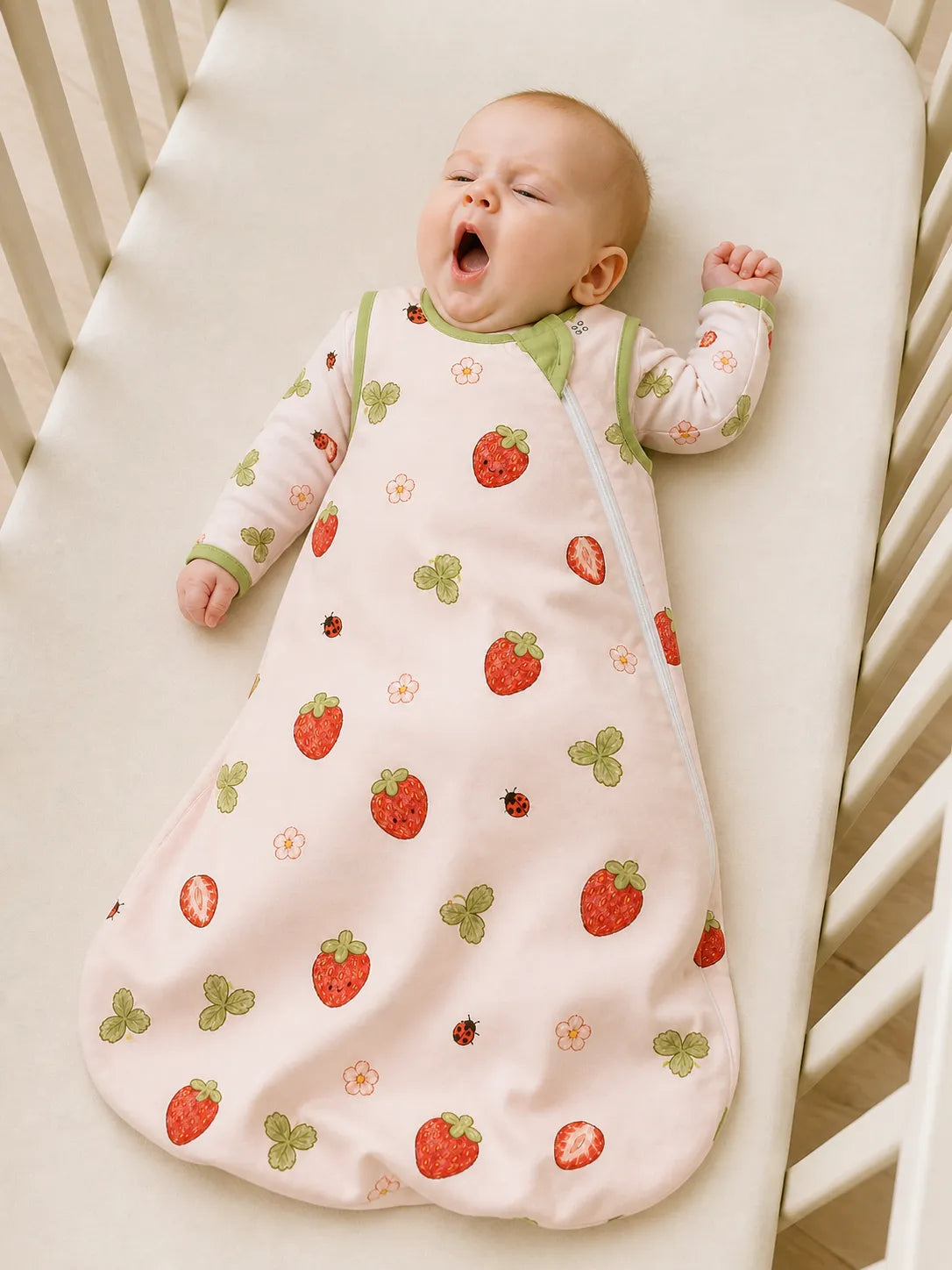 Baby resting comfortably in the Strawberry Fields bamboo sleep bag