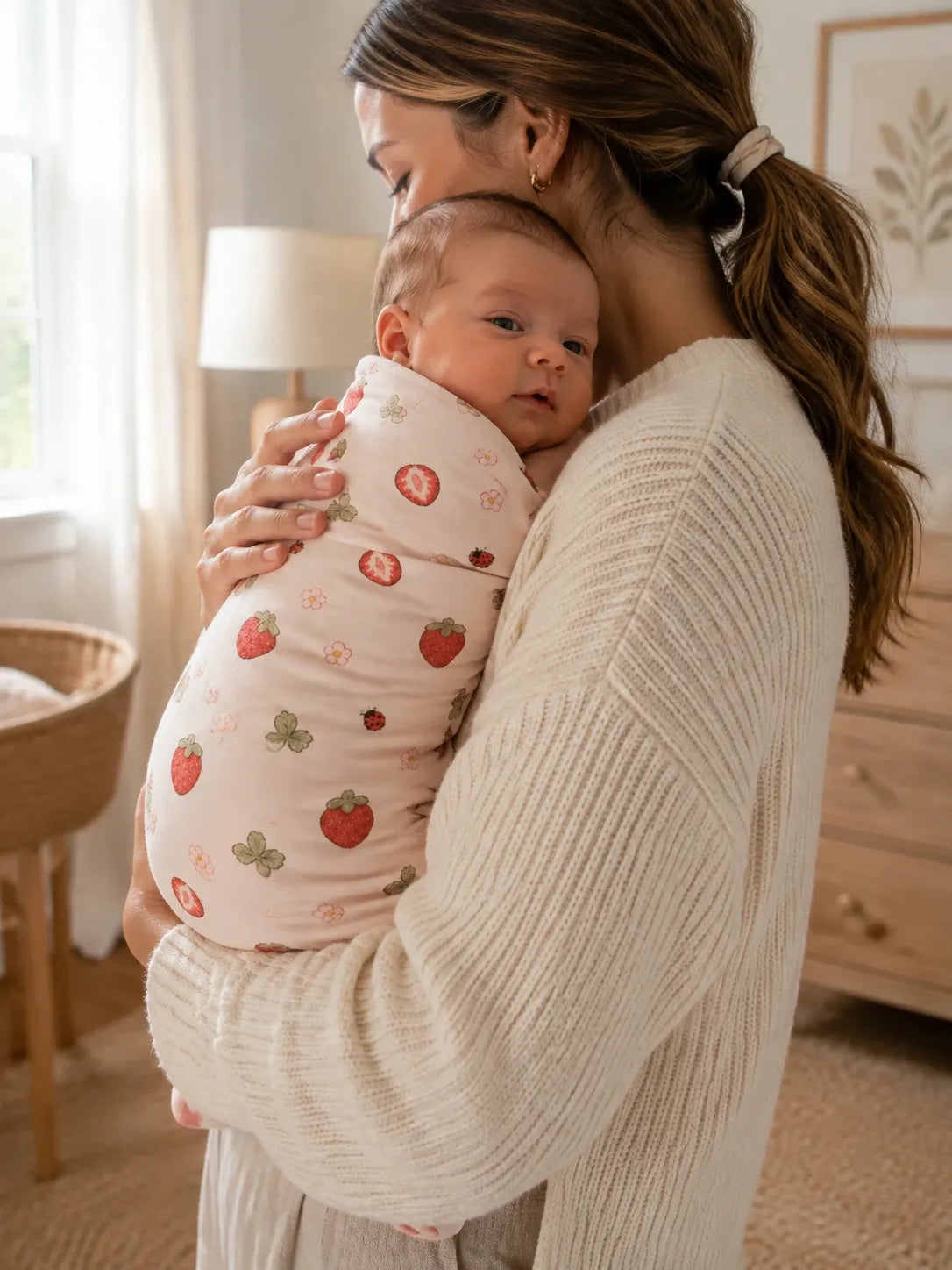 Baby cuddled in the Strawberry Fields bamboo swaddle blanket at home