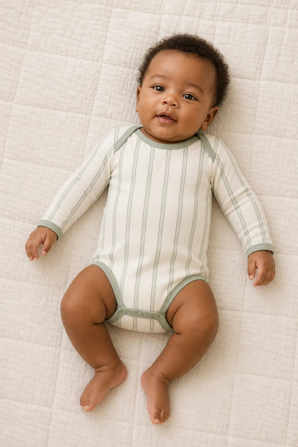 Baby wearing the Sage Stripe long sleeve bodysuit