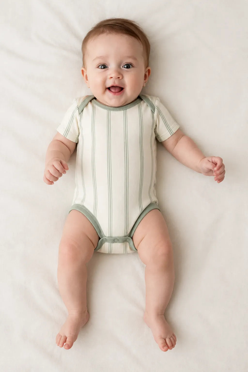 Baby wearing the Sage Stripe short sleeve bodysuit
