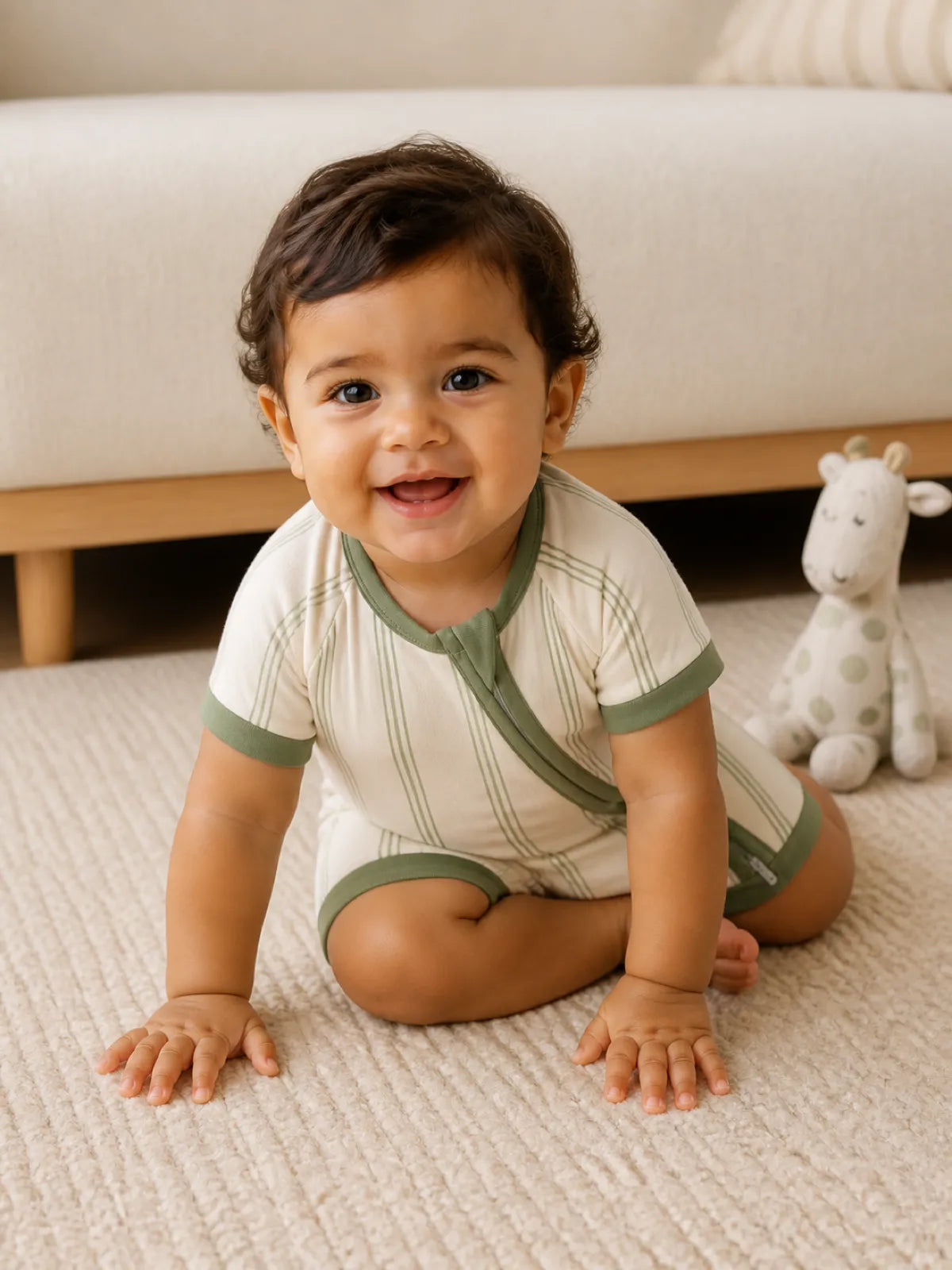 Baby playing at home in the Sage Stripe shorty romper