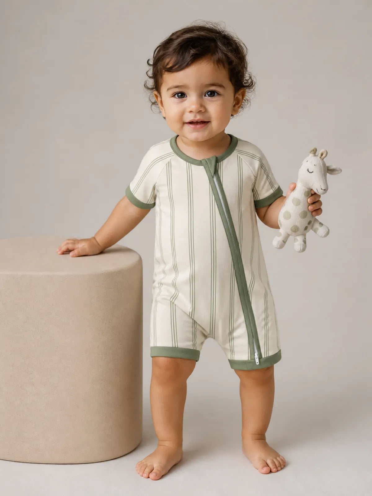 Baby wearing the Sage Stripe bamboo shorty romper