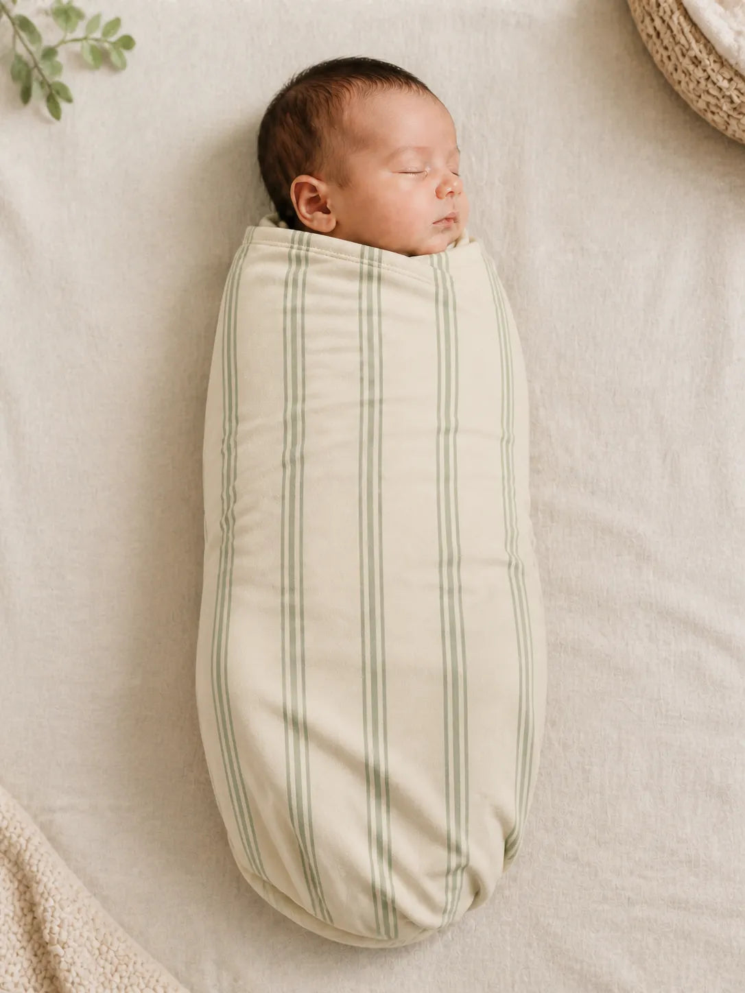 Baby wrapped in the Sage Stripe bamboo swaddle blanket