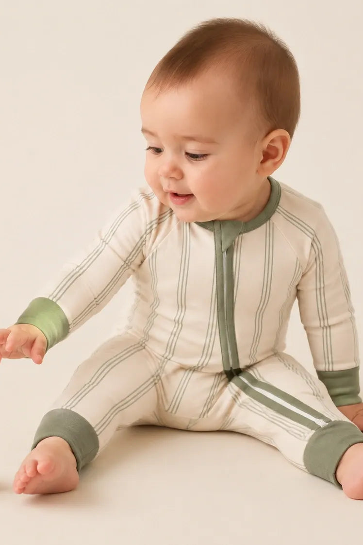 Baby wearing the Sage Stripe bamboo sleep bag