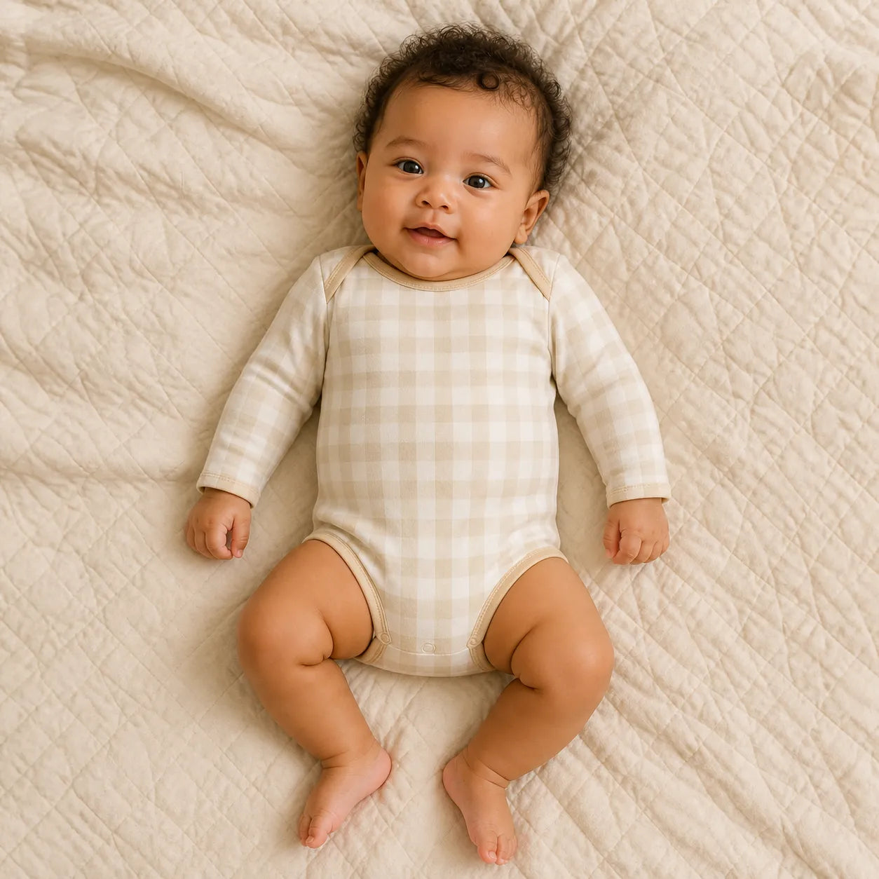 Baby wearing the Oat Gingham long sleeve bodysuit
