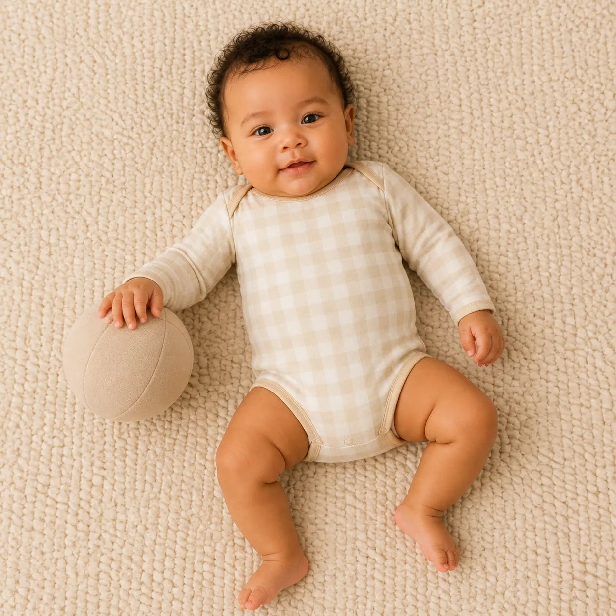 Baby playing comfortably in the Oat Gingham bamboo bodysuit