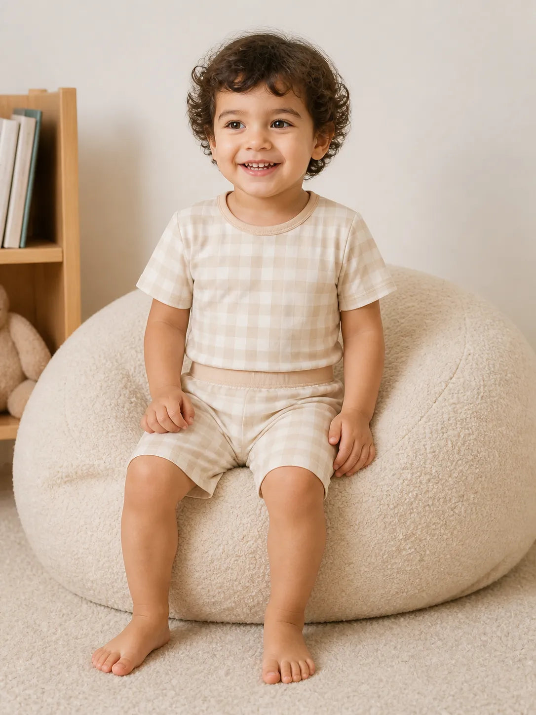 Child wearing the Oat Gingham short sleeve pajama set