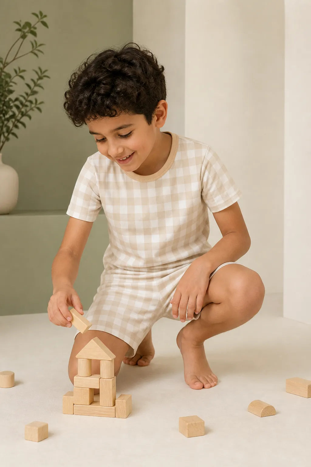 Child playing at home in Oat Gingham bamboo pajamas