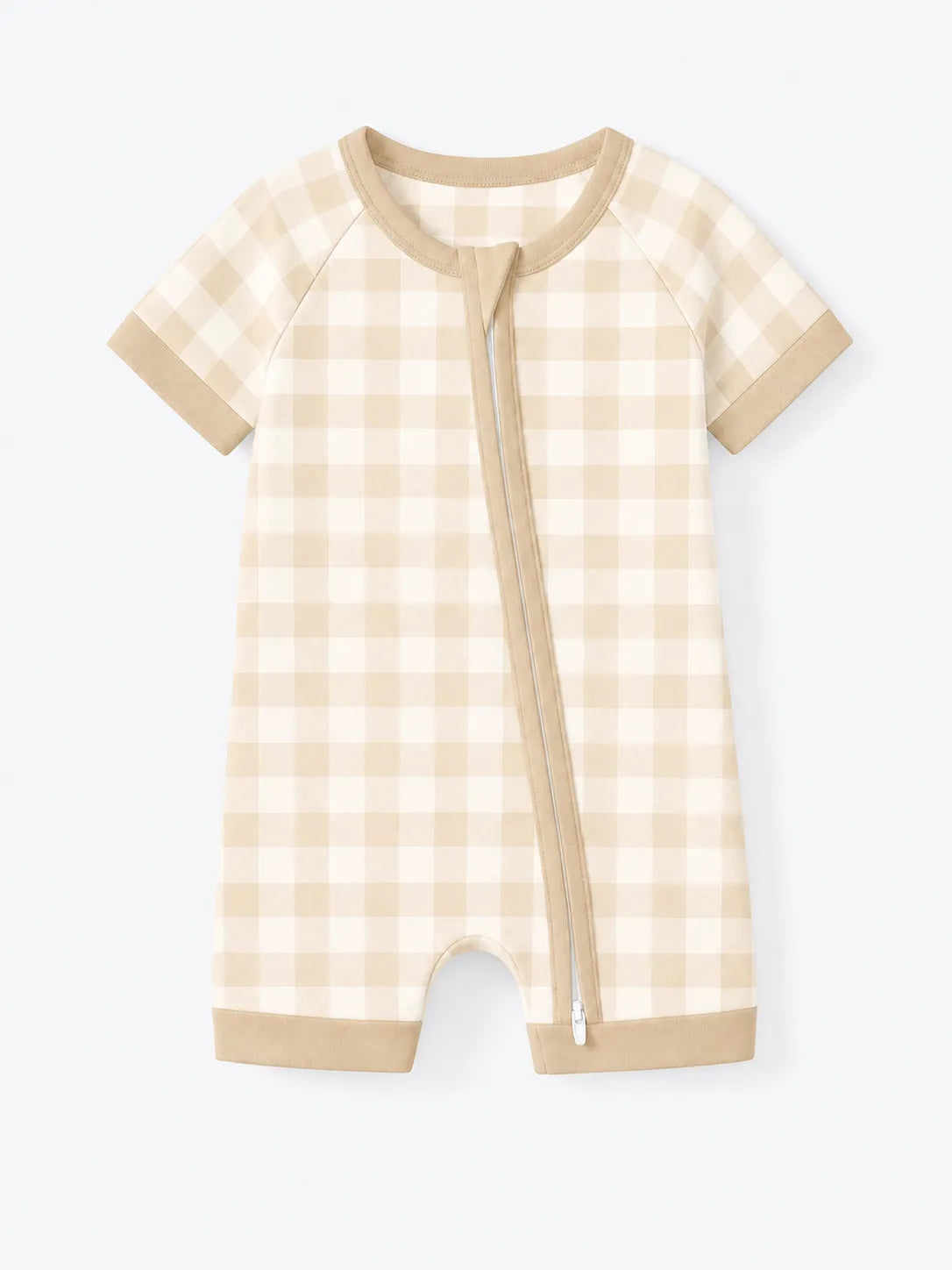 Oat Gingham bamboo shorty romper by MossiBaby