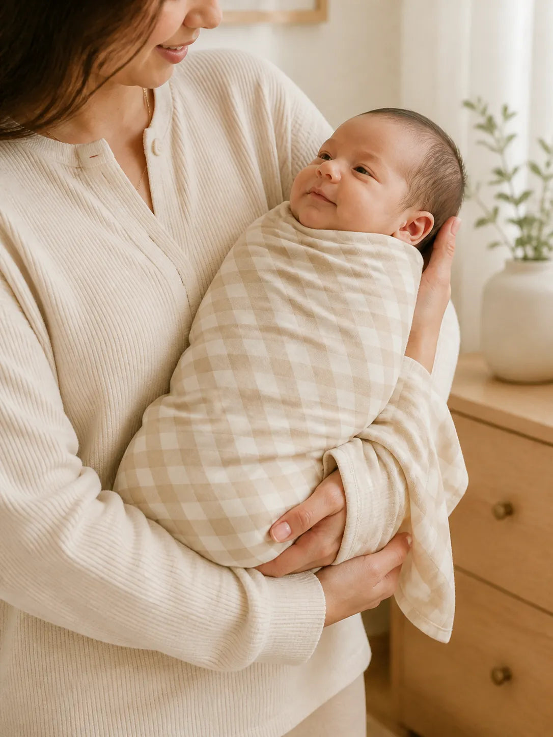Baby cuddled in the Oat Gingham bamboo swaddle blanket at home