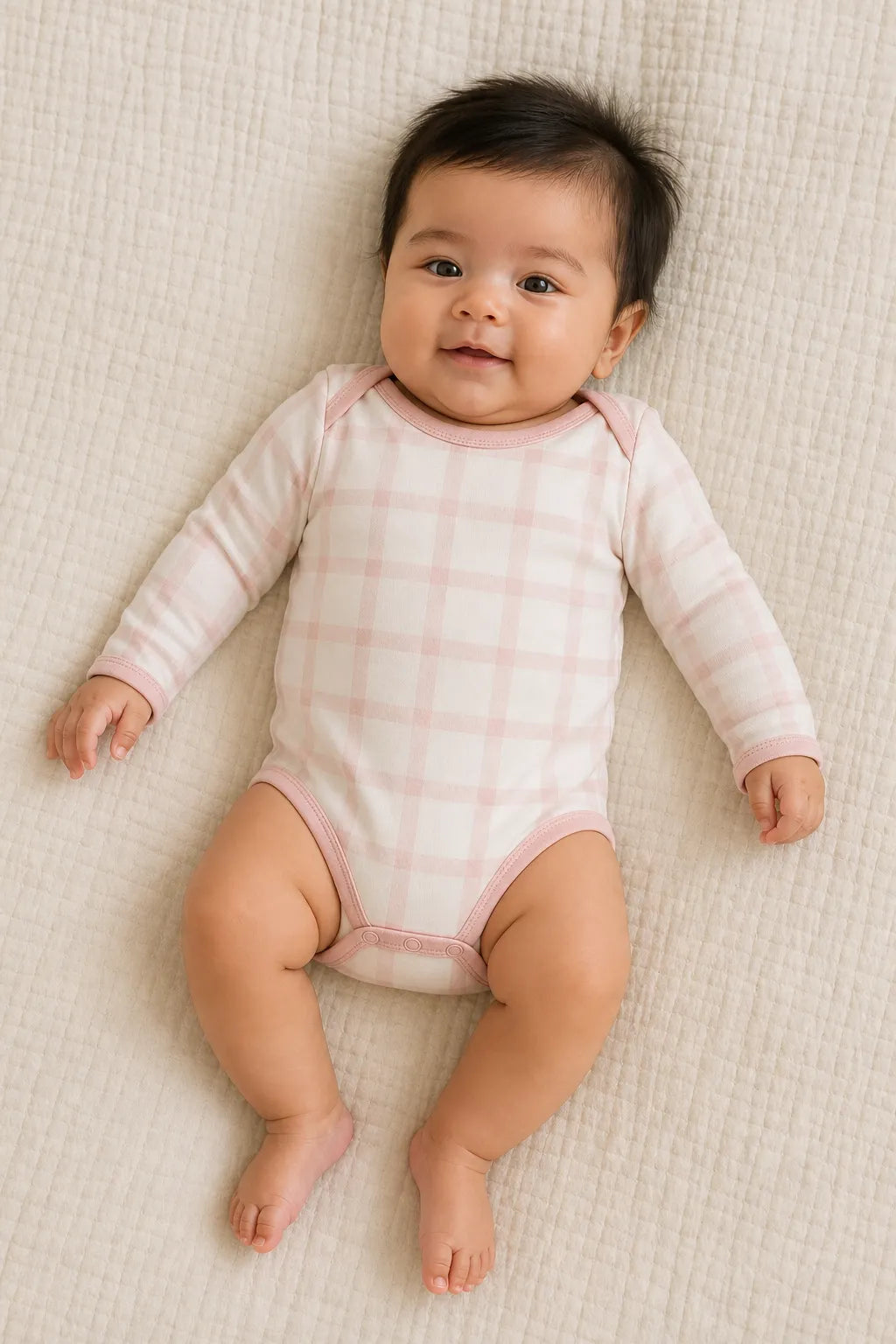 Baby wearing the Blush Plaid long sleeve bodysuit