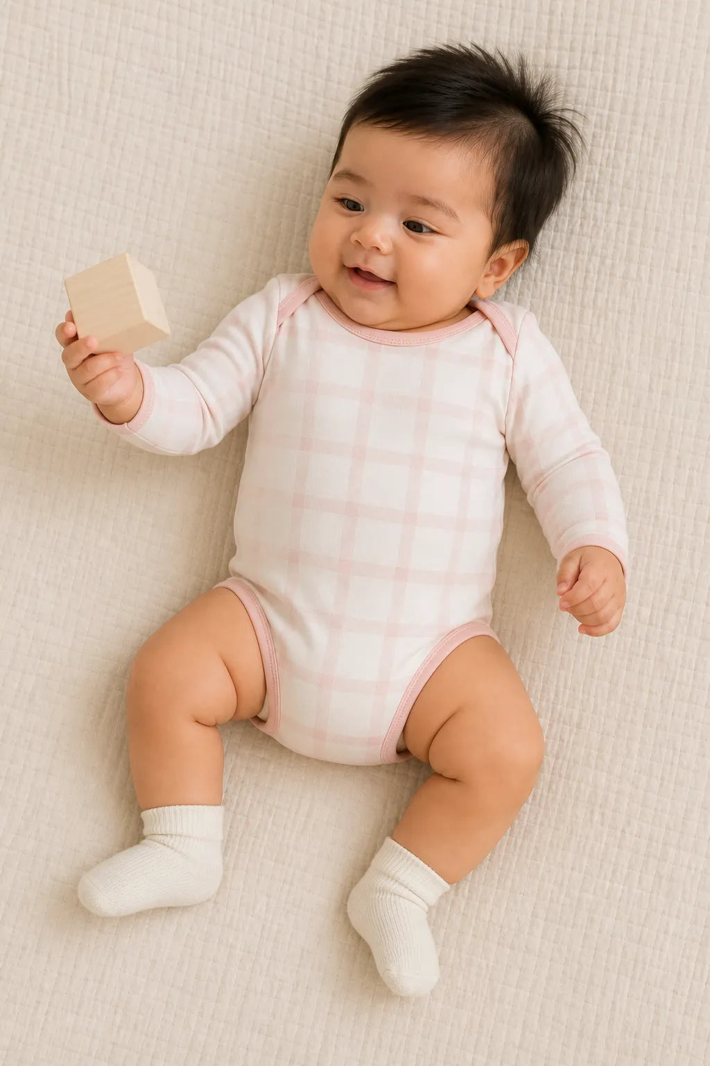 Baby playing comfortably in the Blush Plaid bamboo bodysuit