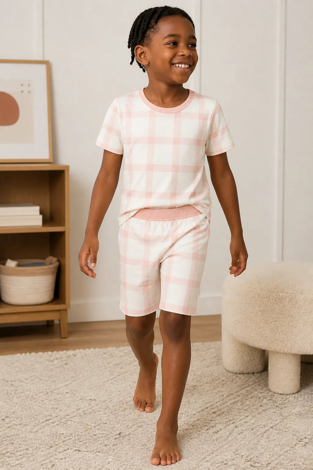 Child playing at home in Blush Plaid bamboo pajamas