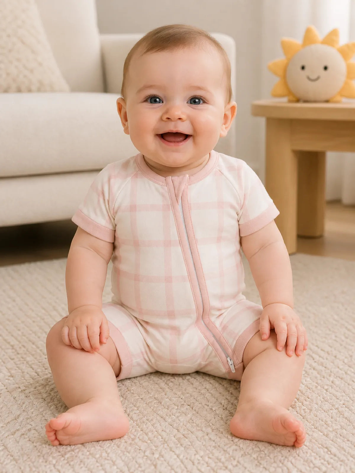 Baby playing at home in the Blush Plaid shorty romper