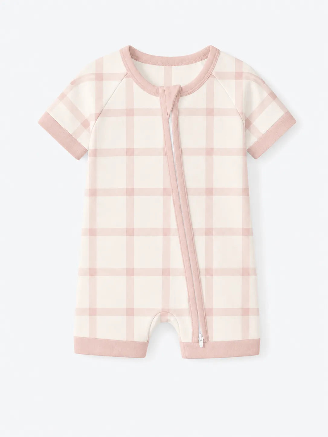 Blush Plaid bamboo shorty romper by MossiBaby