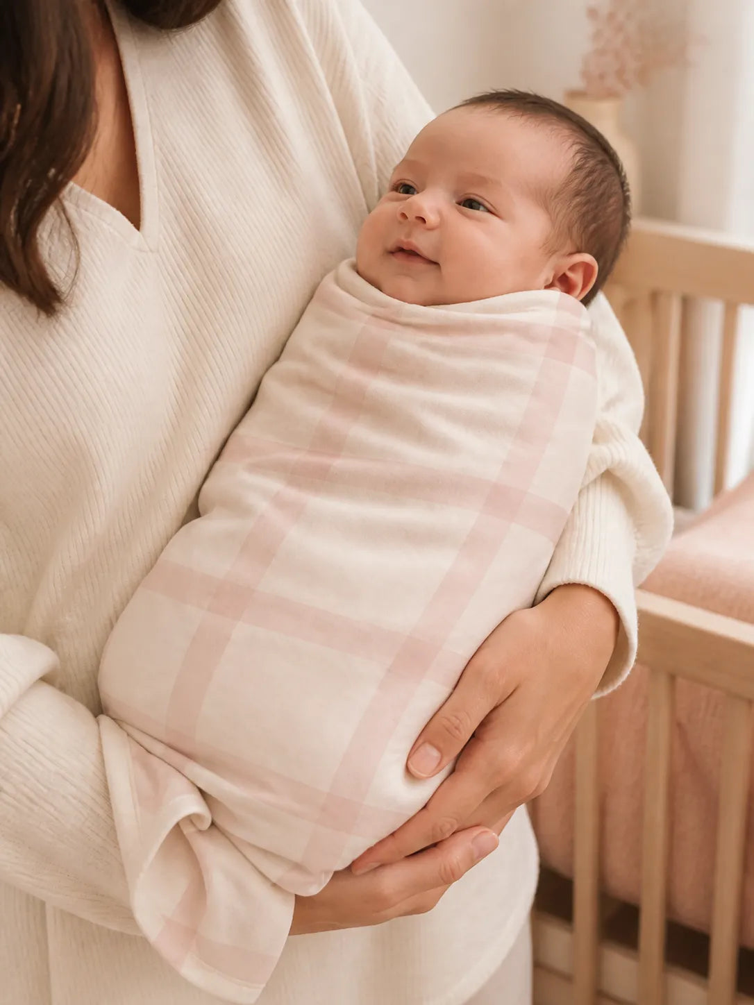 Baby cuddled in the Blush Plaid bamboo swaddle blanket at home