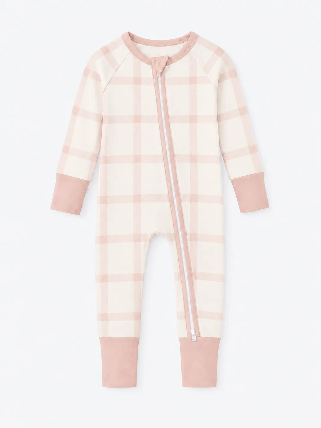Blush Plaid bamboo zipper romper by MossiBaby