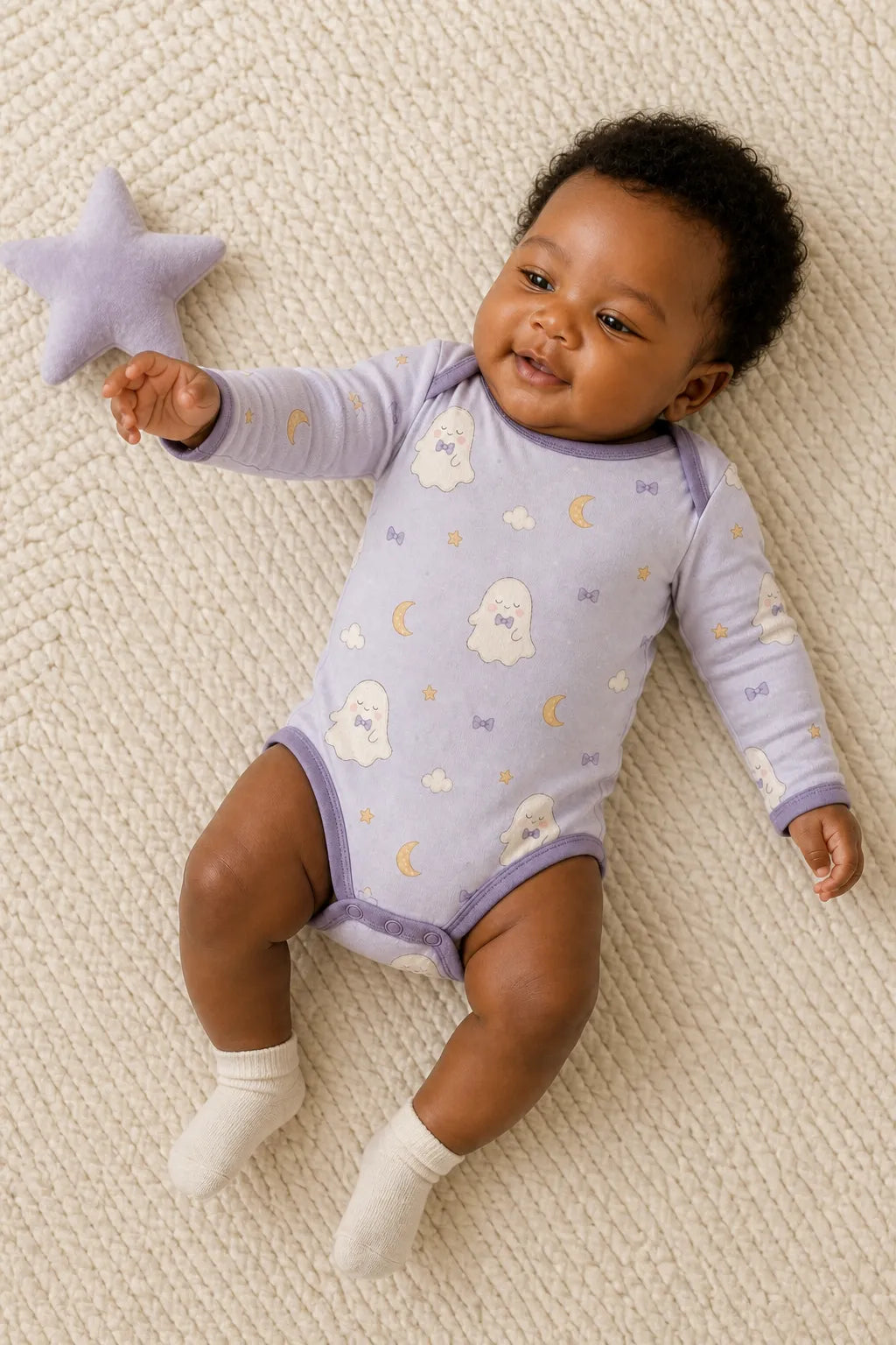 Baby playing comfortably in the Boo & Moon bamboo bodysuit