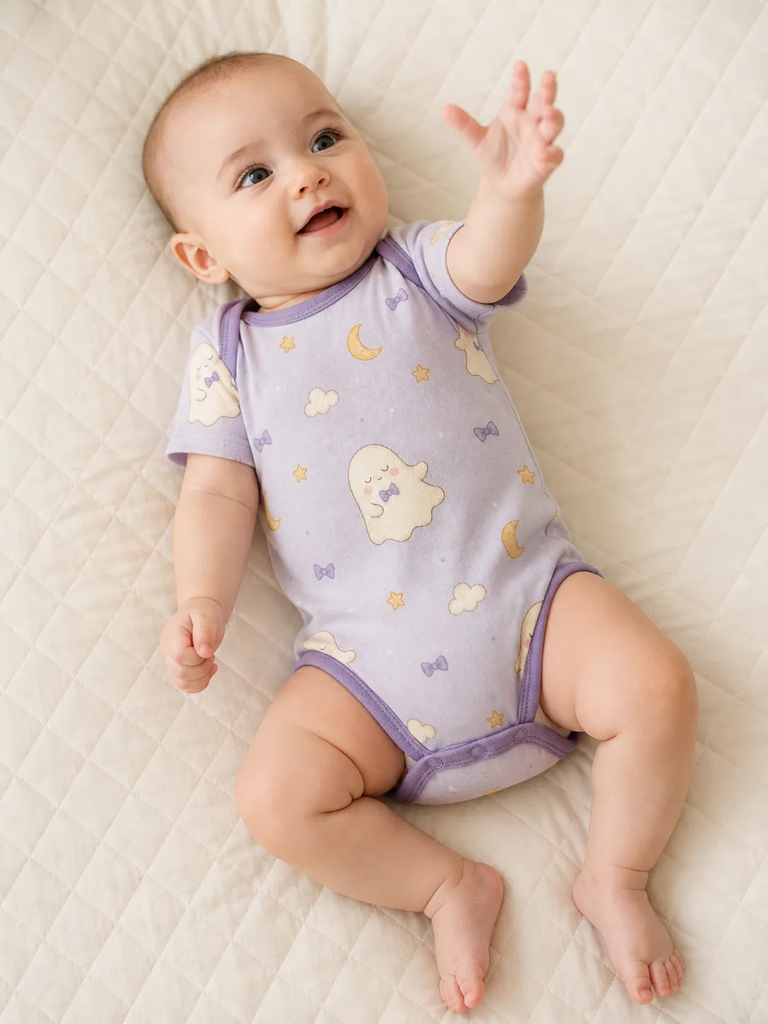 Baby playing comfortably in the Boo & Moon bamboo bodysuit