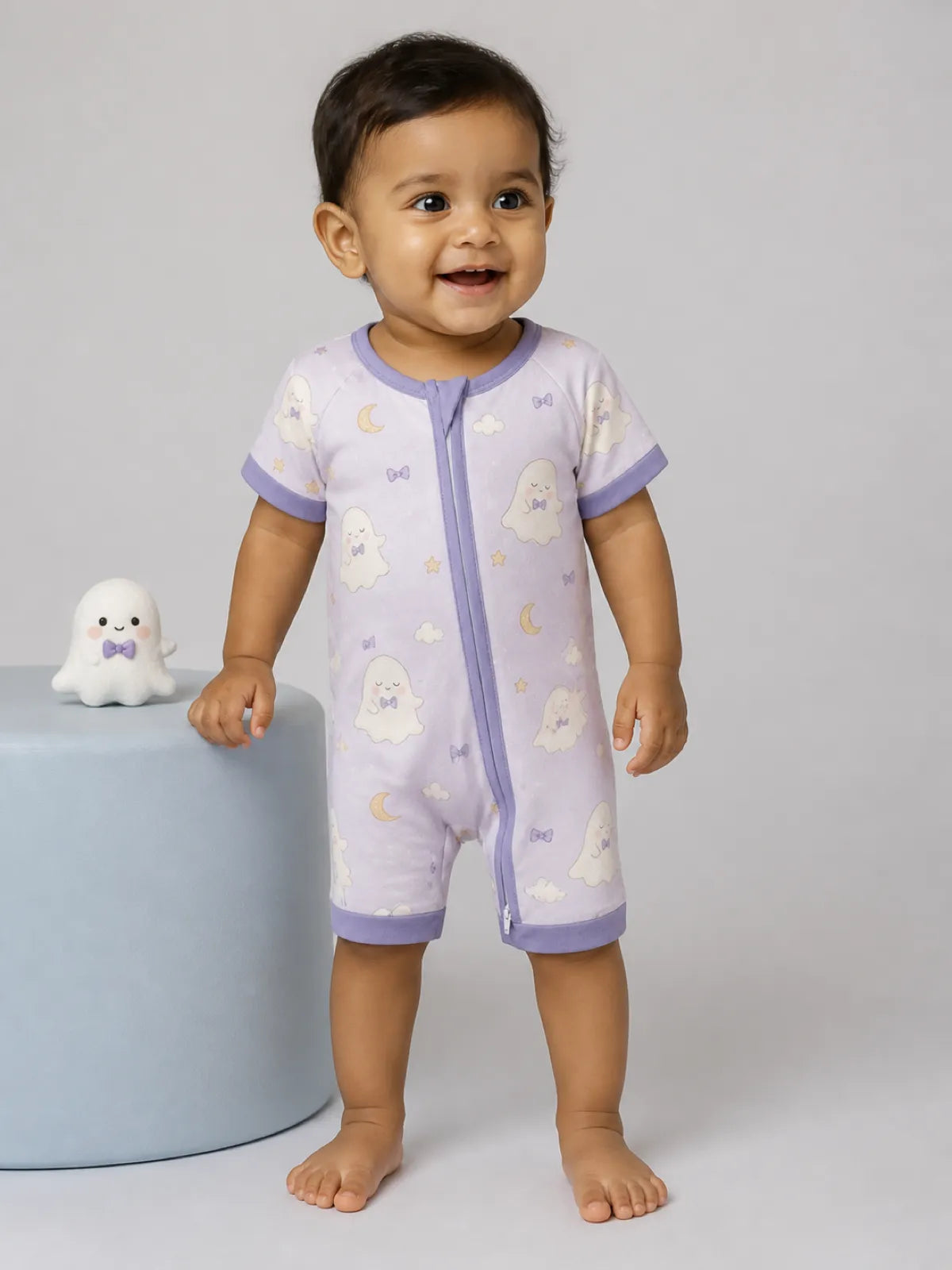 Baby wearing the Boo & Moon bamboo shorty romper