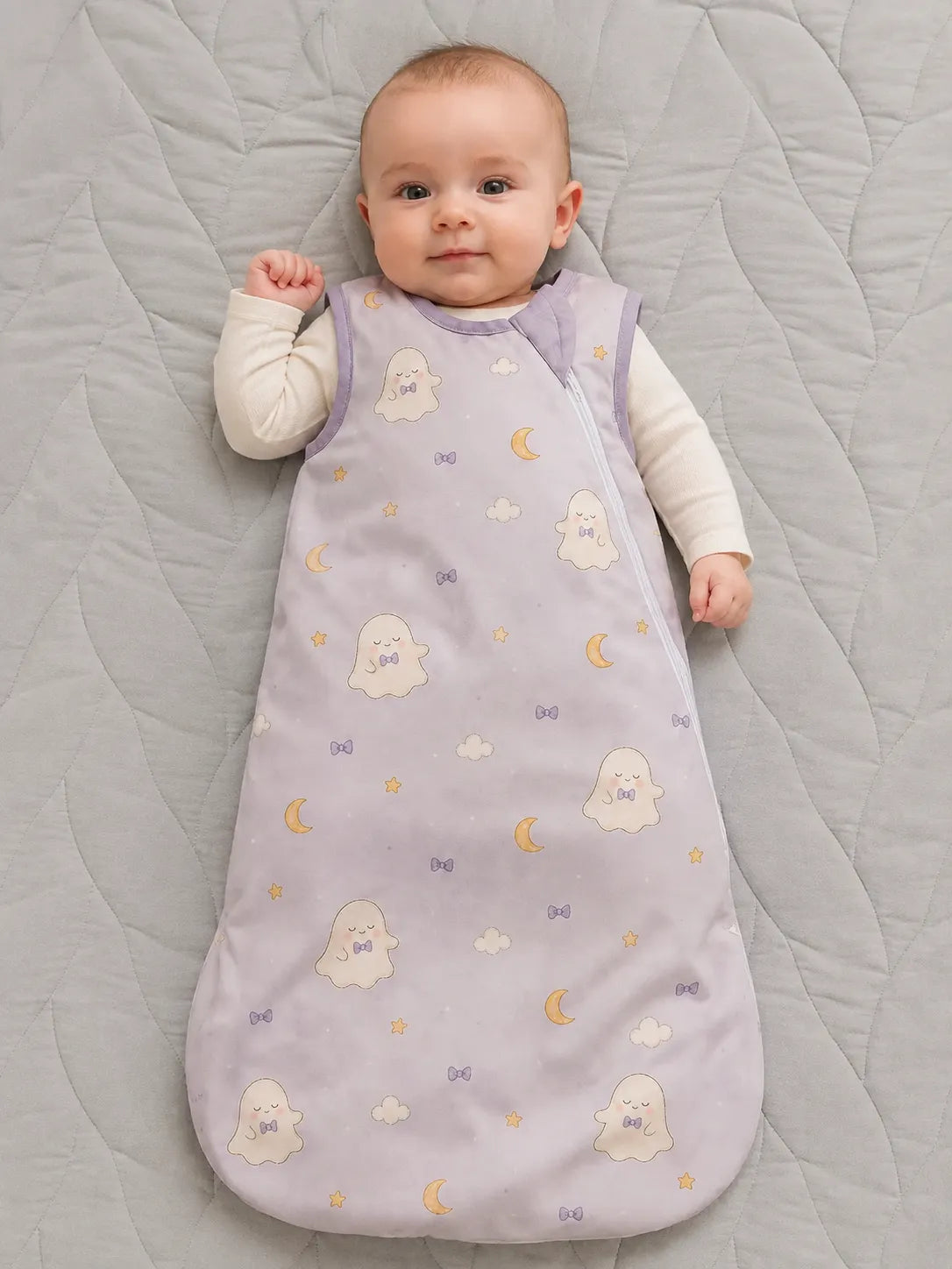 Baby wearing the Boo & Moon bamboo sleep bag