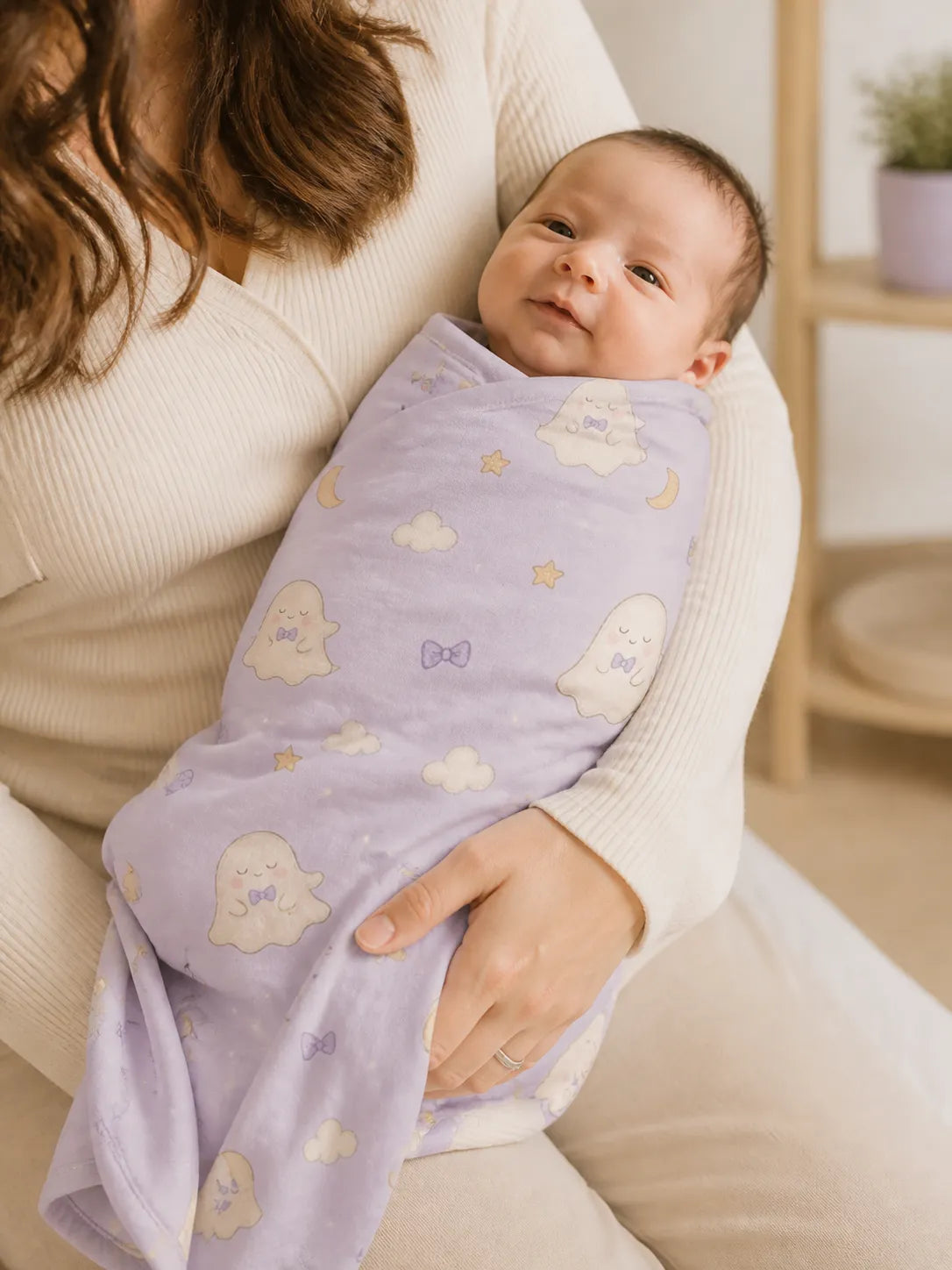 Baby cuddled in the Boo & Moon bamboo swaddle blanket at home