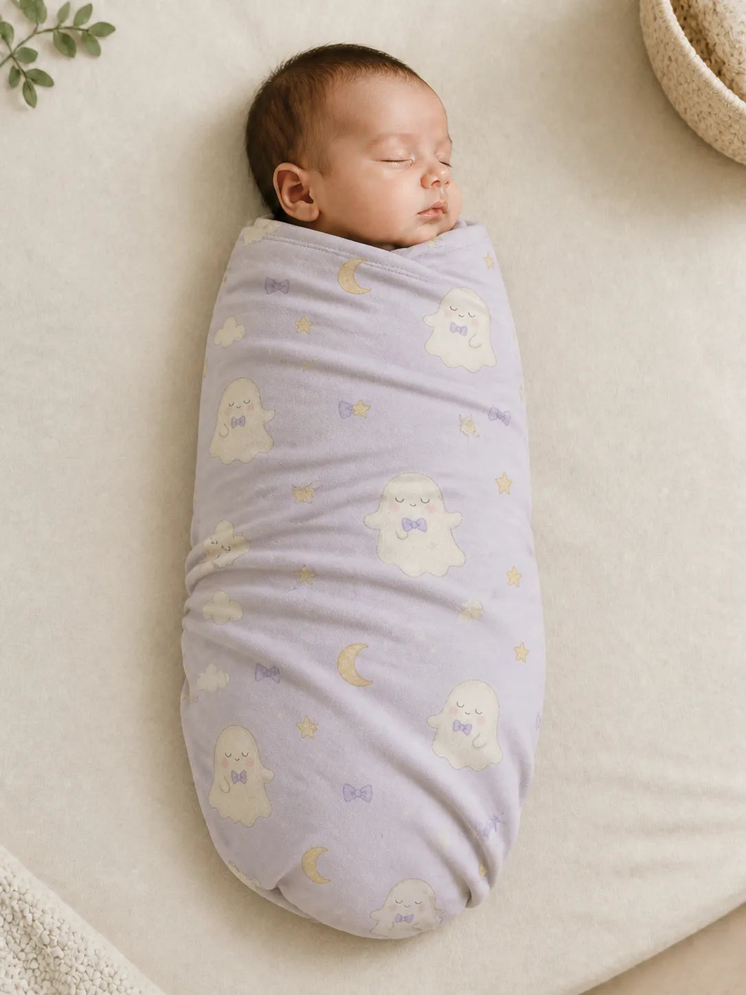 Baby wrapped in the Boo & Moon bamboo swaddle blanket