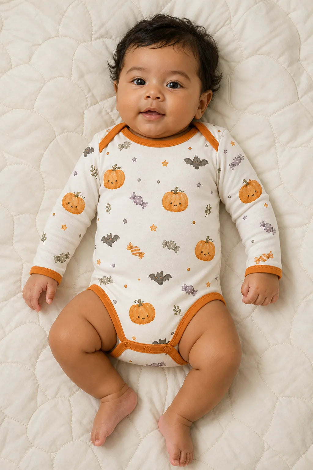 Baby wearing the Pumpkin Treats long sleeve bodysuit