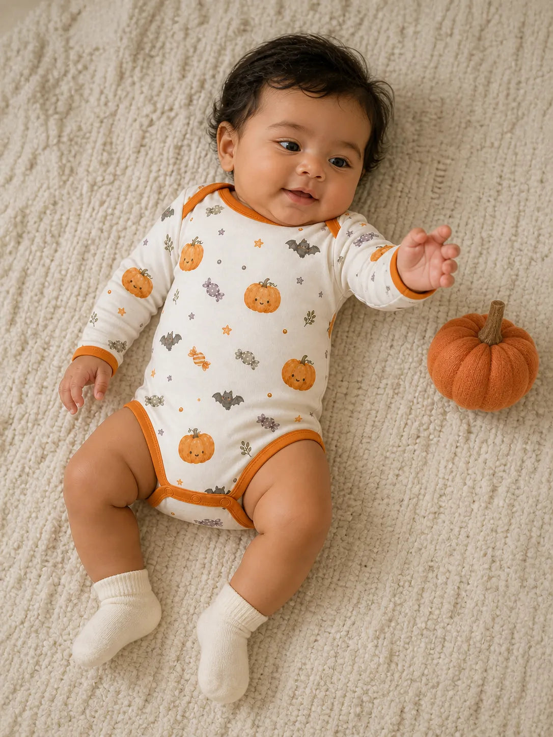 Baby playing comfortably in the Pumpkin Treats bamboo bodysuit