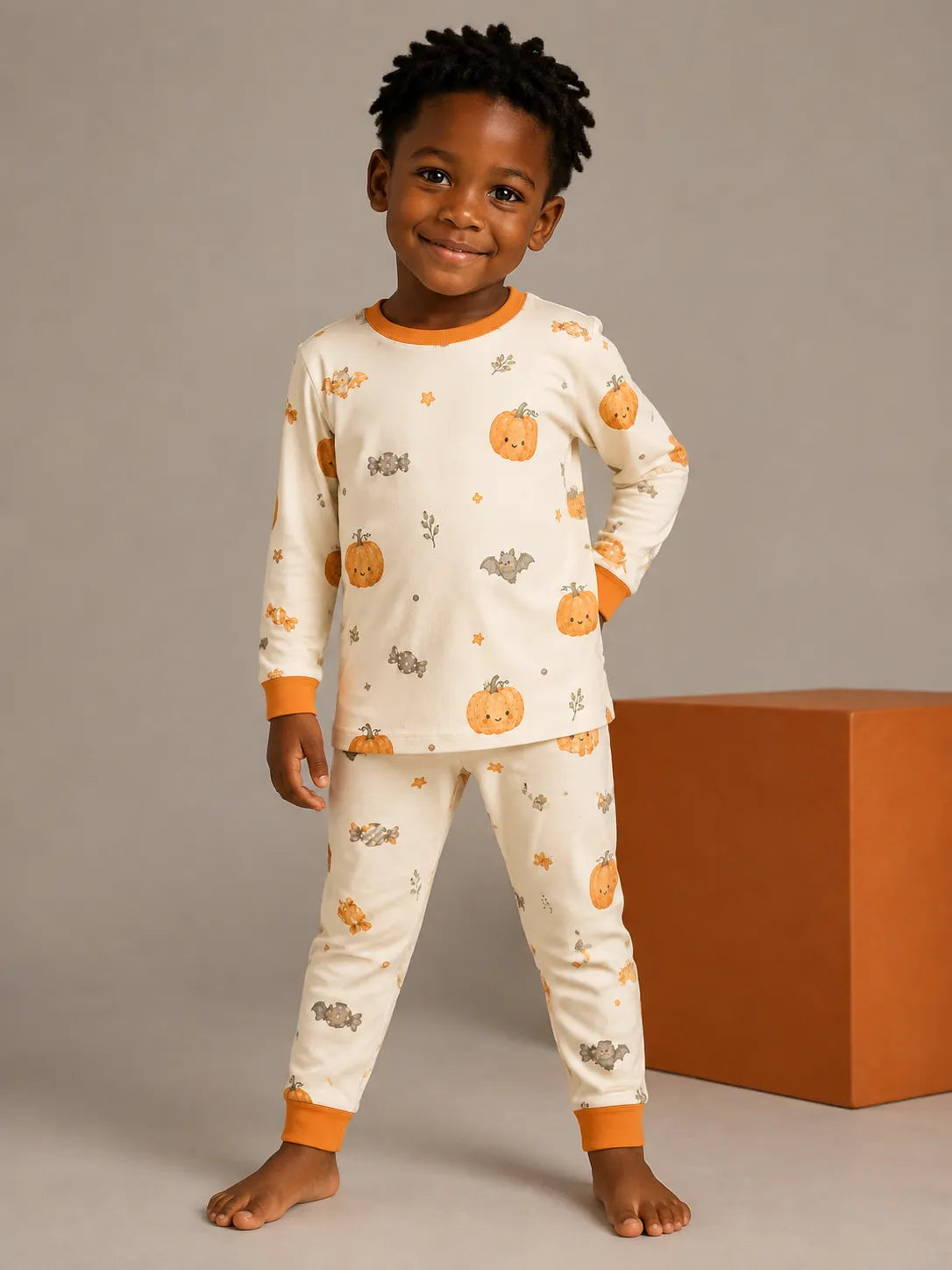 Child wearing the Pumpkin Treats long sleeve pajama set