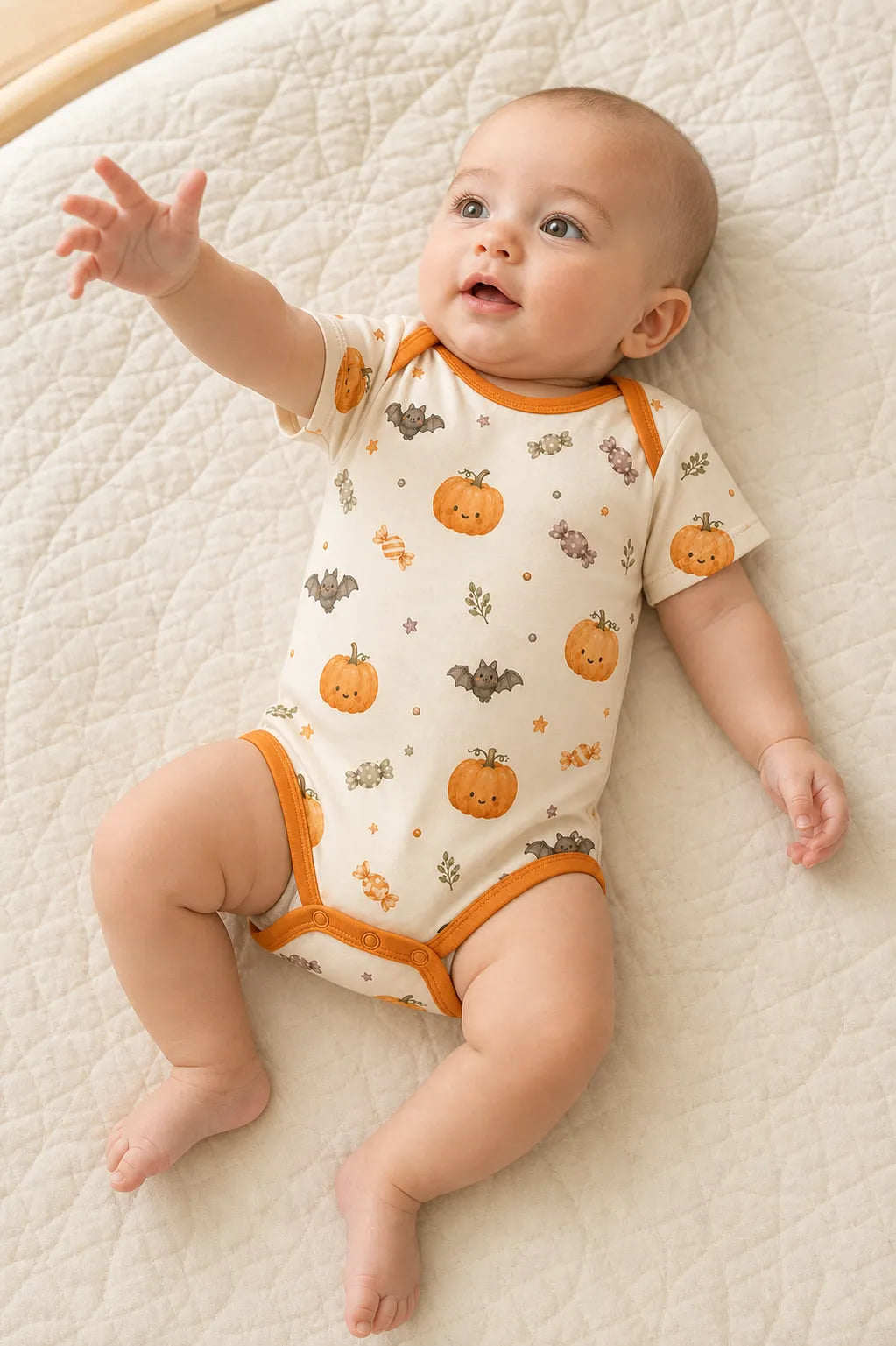 Baby playing comfortably in the Pumpkin Treats bamboo bodysuit
