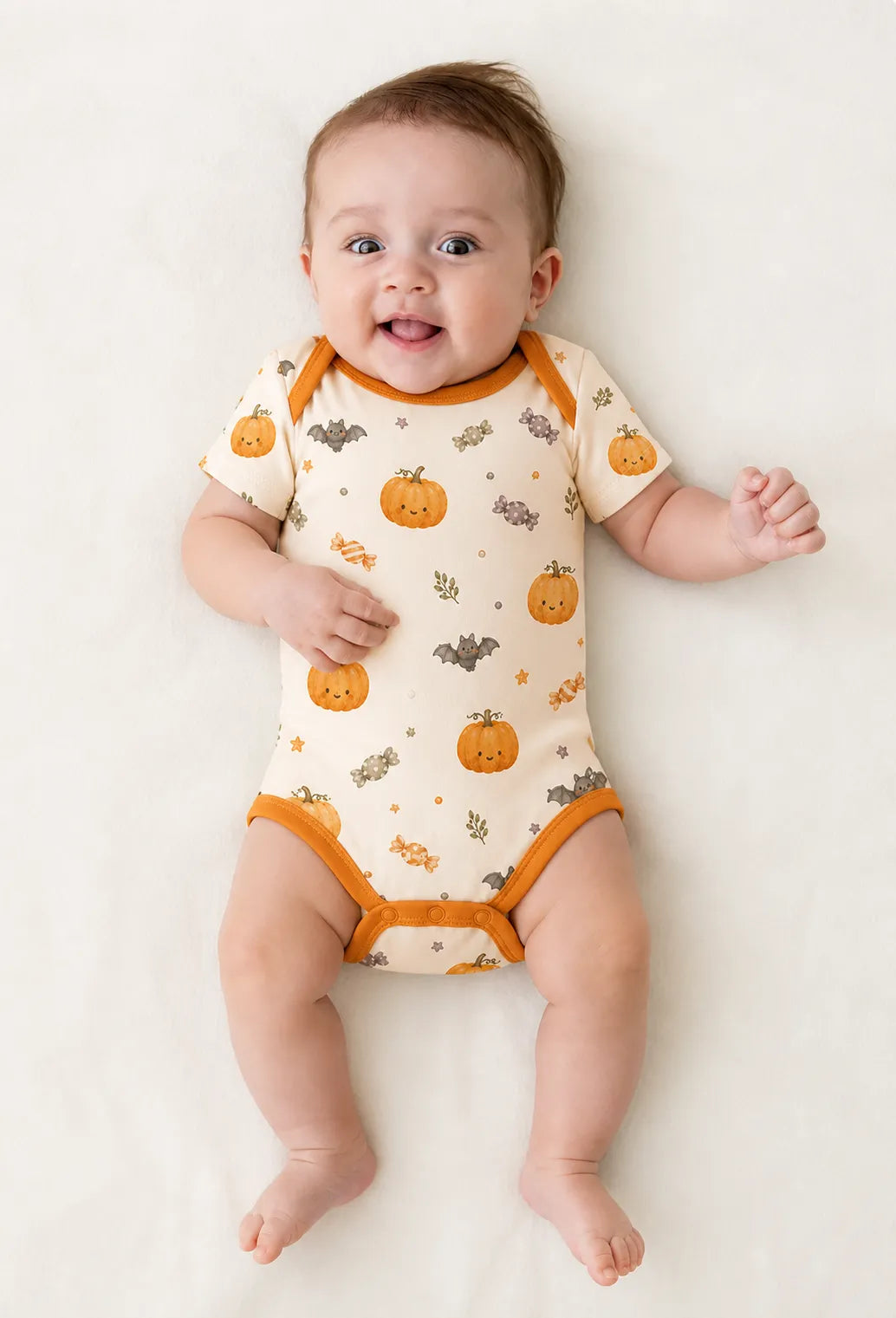 Baby wearing the Pumpkin Treats short sleeve bodysuit