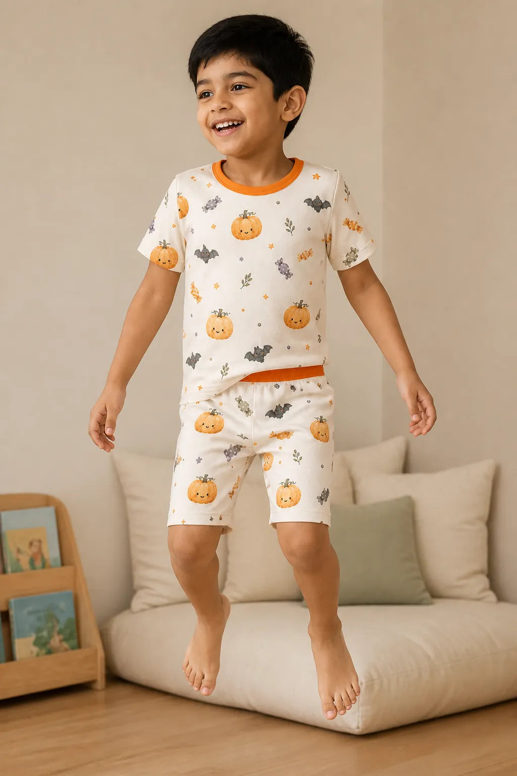 Child wearing the Pumpkin Treats short sleeve pajama set
