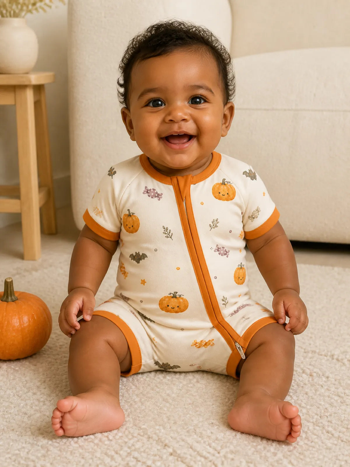 Baby playing at home in the Pumpkin Treats shorty romper