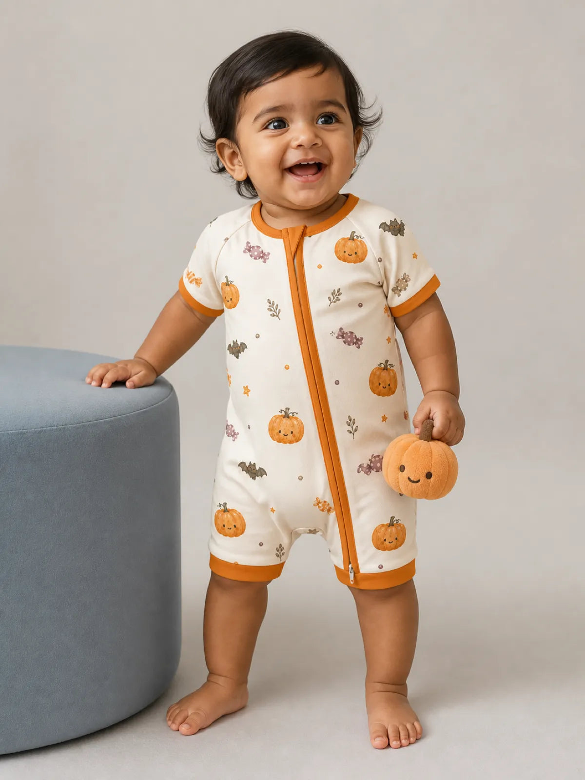 Baby wearing the Pumpkin Treats bamboo shorty romper