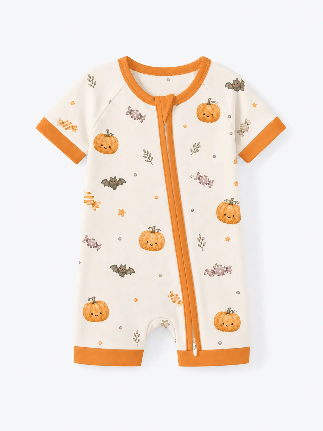 Pumpkin Treats bamboo shorty romper by MossiBaby