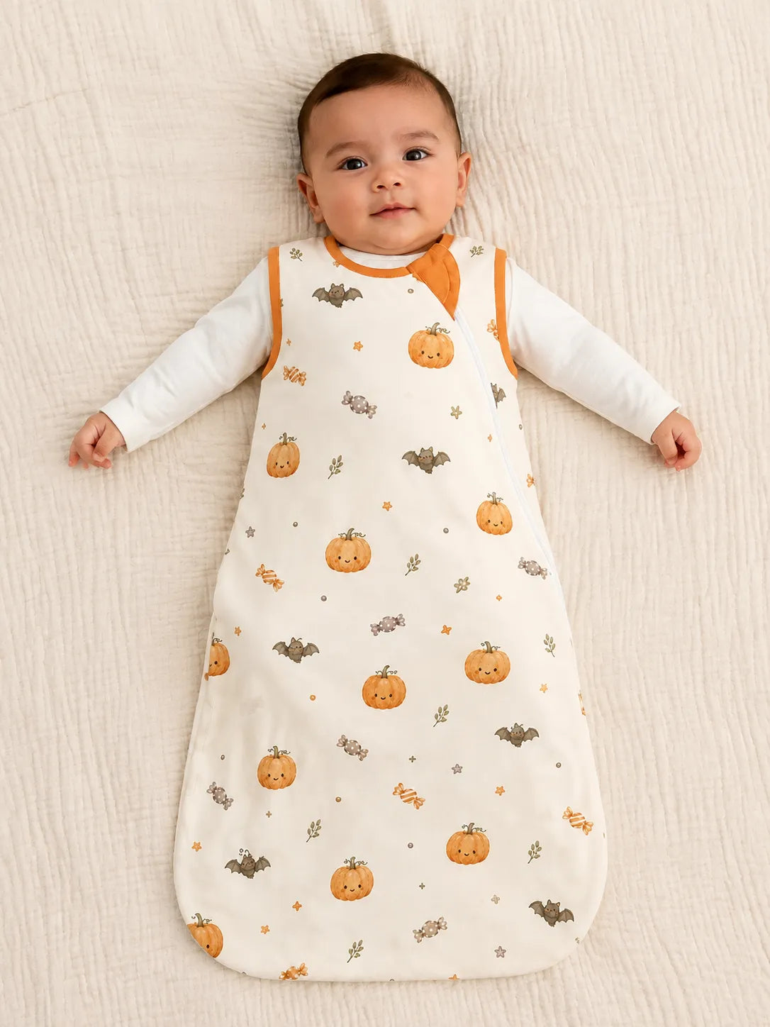 Baby wearing the Pumpkin Treats bamboo sleep bag