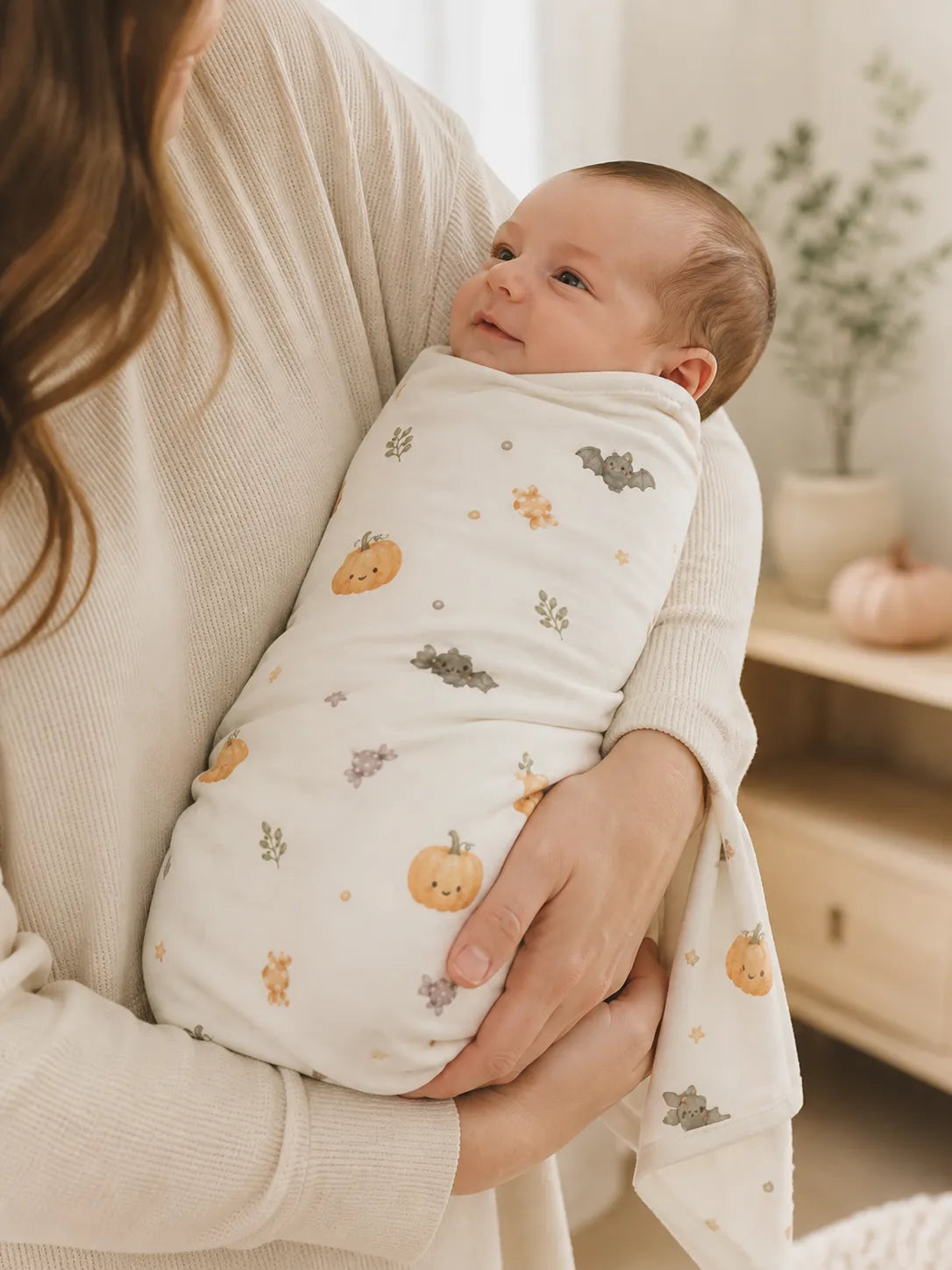 Baby cuddled in the Pumpkin Treats bamboo swaddle blanket at home