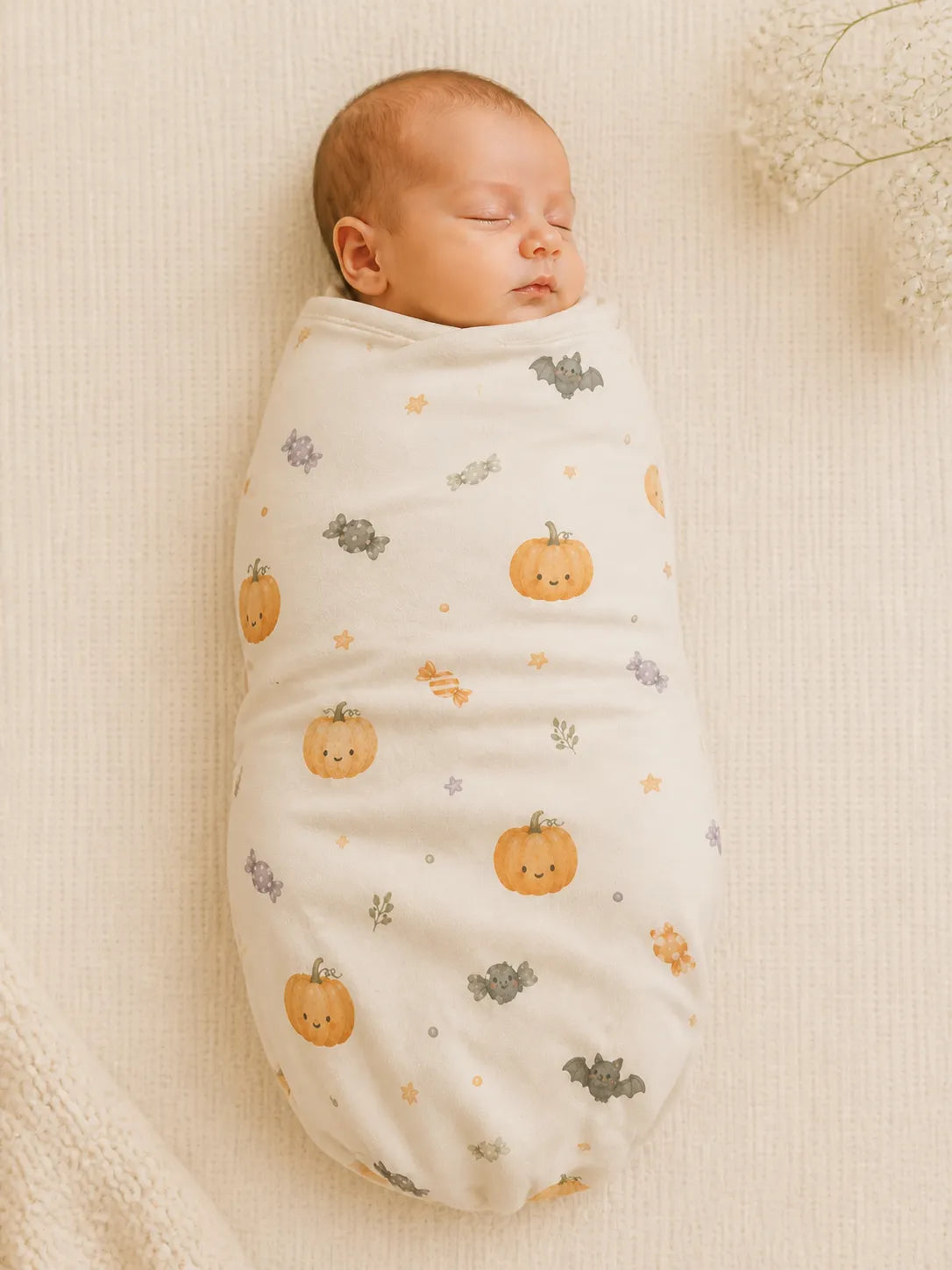 Baby wrapped in the Pumpkin Treats bamboo swaddle blanket