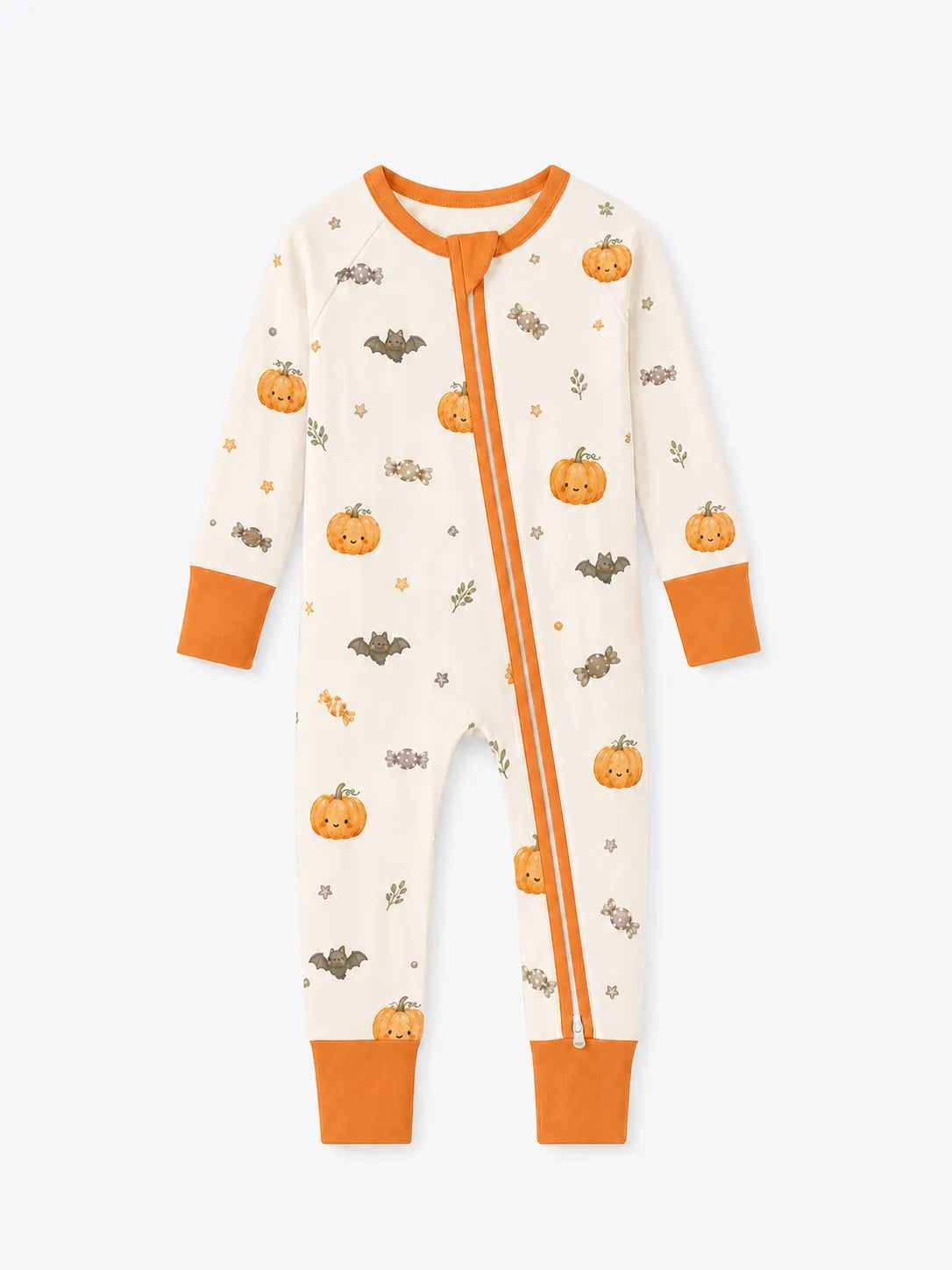 Pumpkin Treats bamboo zipper romper by MossiBaby