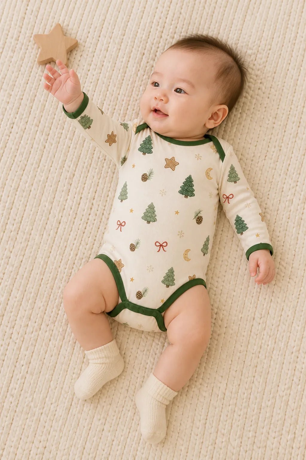 Baby playing comfortably in the Christmas Forest bamboo bodysuit