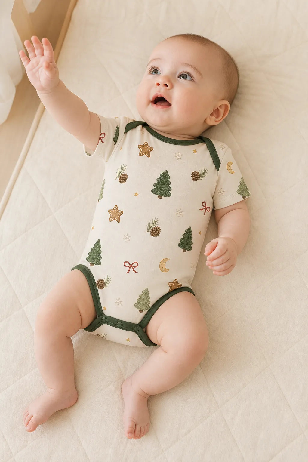 Baby playing comfortably in the Christmas Forest bamboo bodysuit