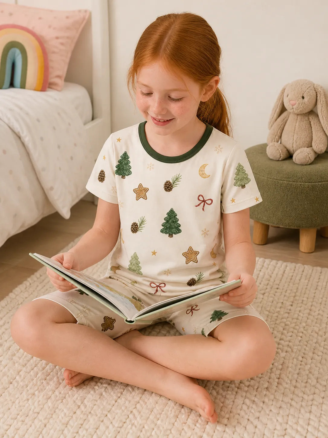 Child playing at home in Christmas Forest bamboo pajamas