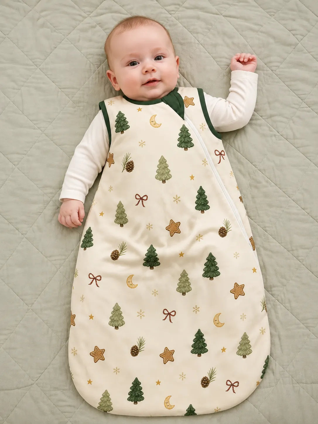 Baby wearing the Christmas Forest bamboo sleep bag