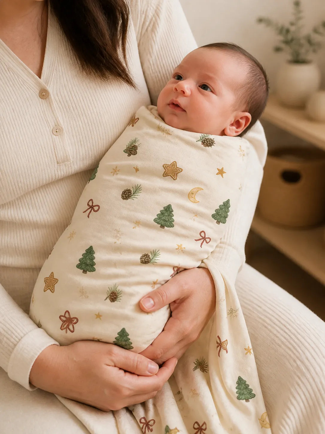 Baby cuddled in the Christmas Forest bamboo swaddle blanket at home
