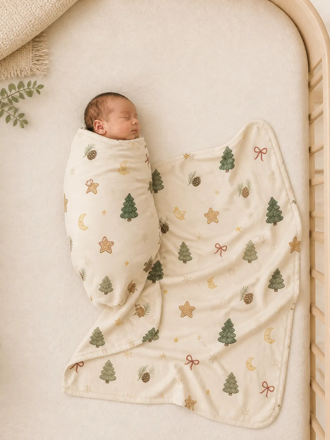 Baby wrapped in the Christmas Forest bamboo swaddle blanket