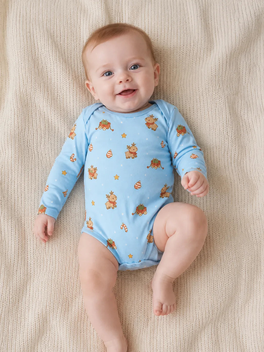 Baby wearing the Reindeer Ride long sleeve bodysuit