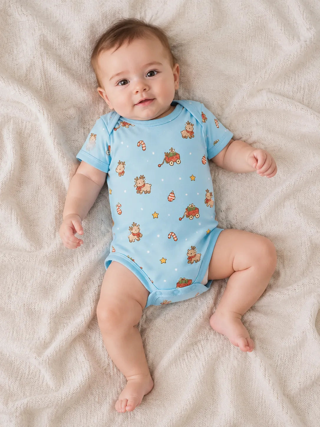 Baby wearing the Reindeer Ride short sleeve bodysuit