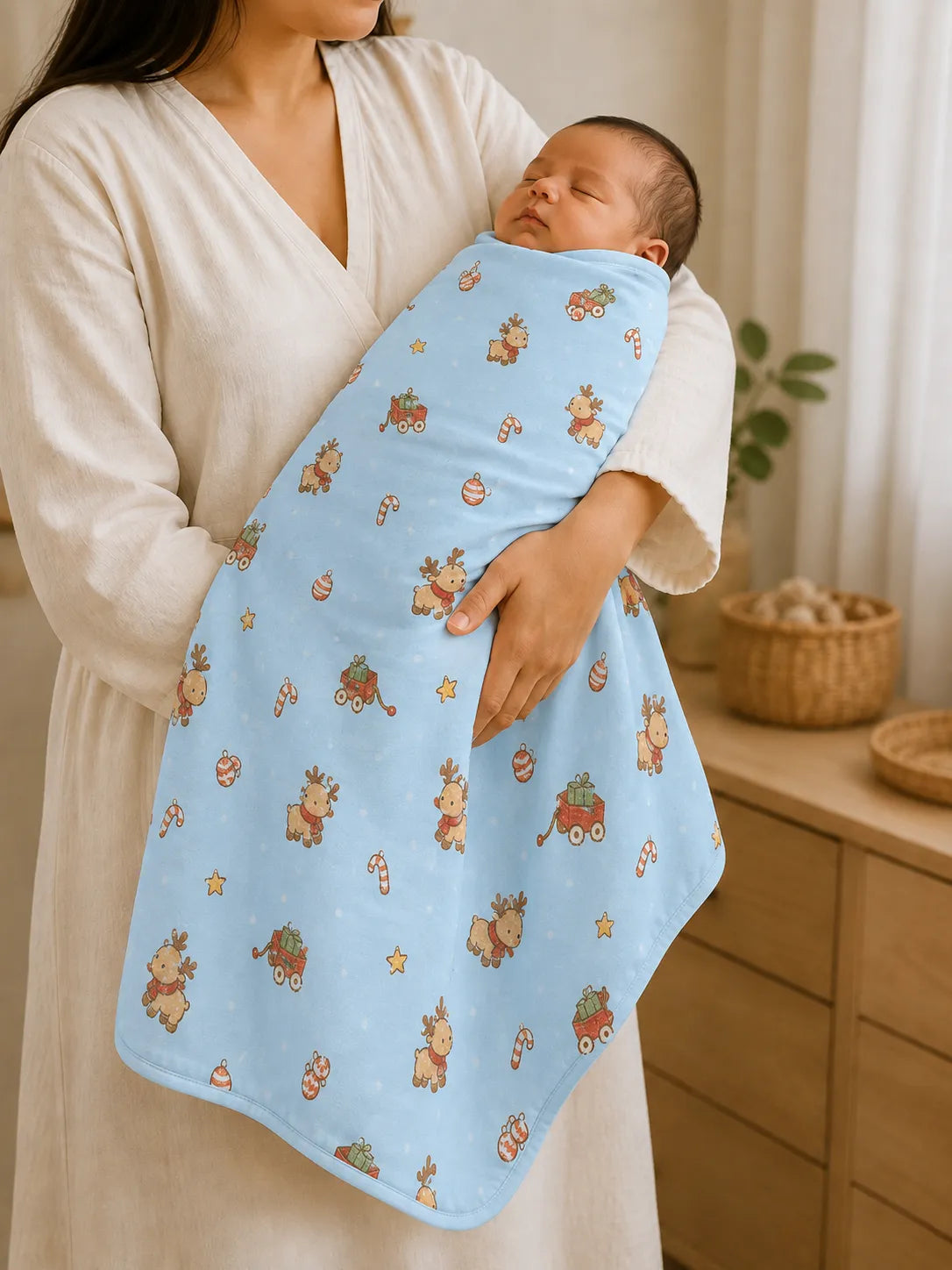Baby cuddled in the Reindeer Ride bamboo swaddle blanket at home
